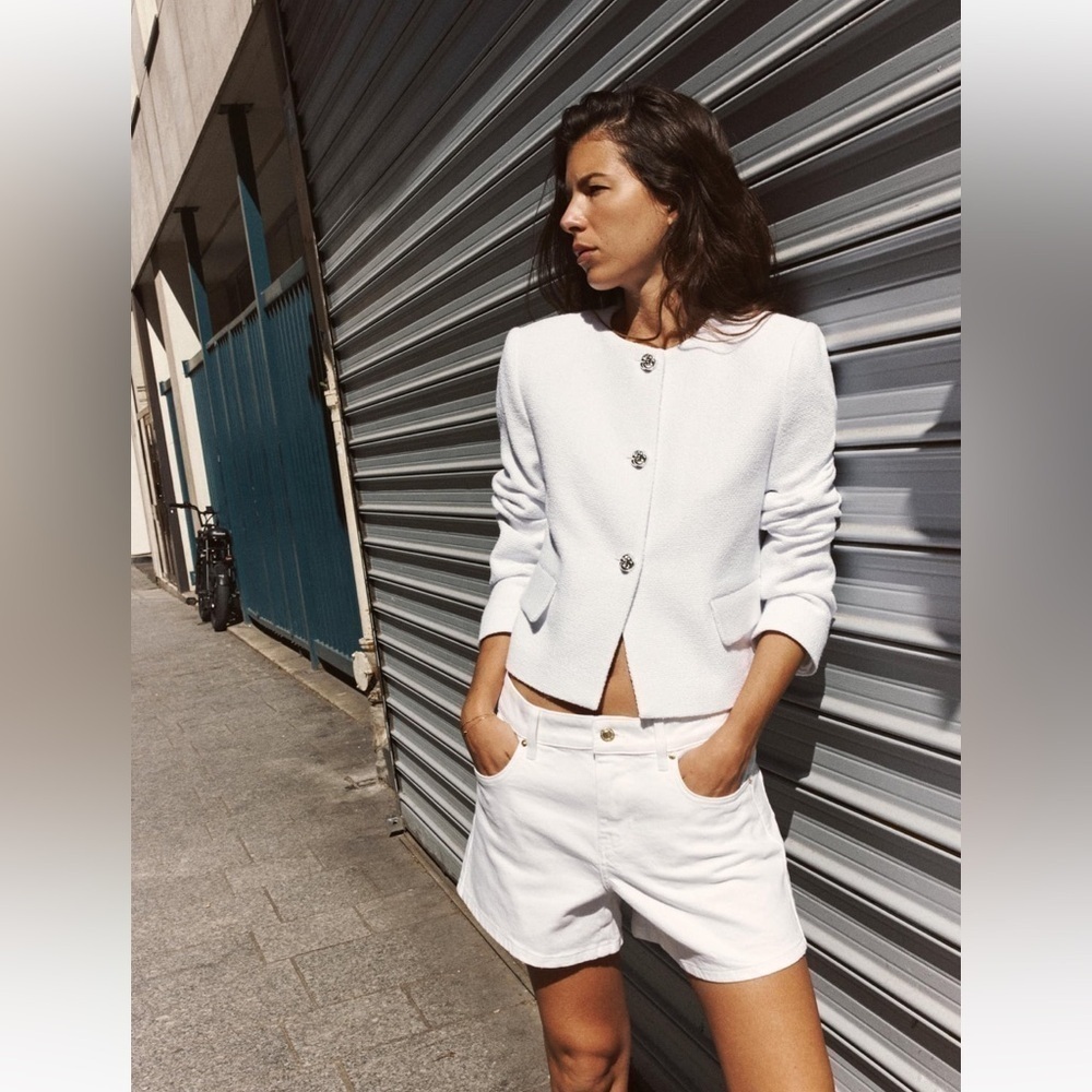 Zara White Collarless Buttoned Textured Blazer